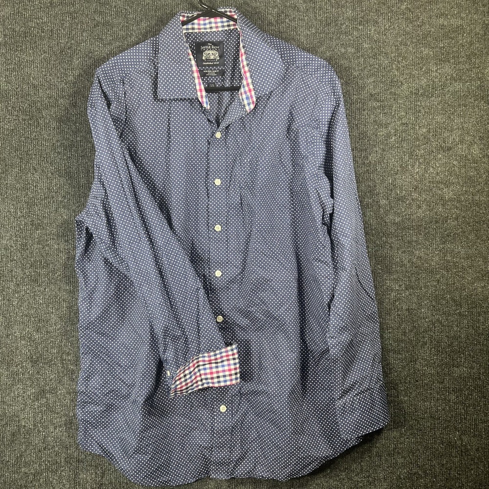 Savile Row Men's 17.5 34-35 Long Sleeve Spread Collar Dress Shirt Navy Polka Dot